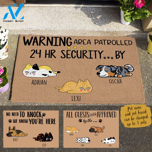 Sleeping Dog & Lazy Cat ,No Need To Knock We Know You Are Here | 24h Patrolled Area Dog Cat| All Guests Must Be Approved By... Personalized Doormat HQ