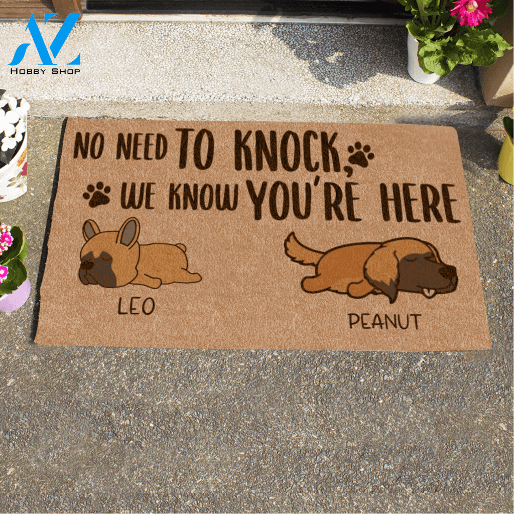 Sleeping Dog , No Need To Knock We Know You Are Here Personalized Dog Doormat HQ