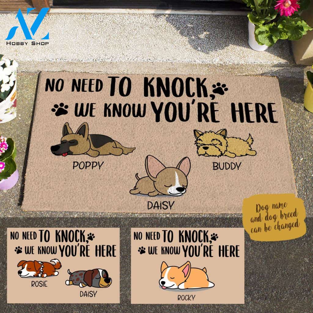 Sleeping Dog , No Need To Knock We Know You Are Here Personalized Dog Doormat HQ