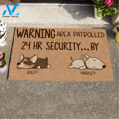 Sleeping Dog, Warning Area Patrolled 24hr Security ... By , Personalized Dog Doormat HQ