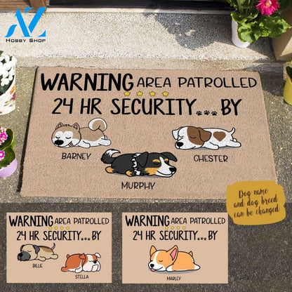 Sleeping Dog, Warning Area Patrolled 24hr Security ... By , Personalized Dog Doormat HQ
