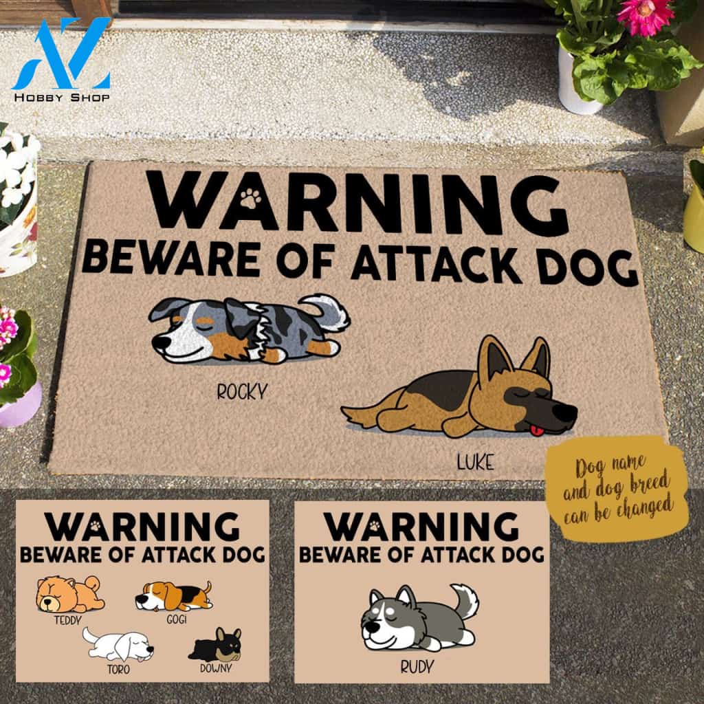 Sleeping Dog , WARNING BEWARE OF ATTACK DOG, Personalized Dog Doormat TV