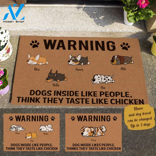 Sleeping Dog, Warning Dogs Inside Like People, Think They Taste Like Chicken Personalized Doormat