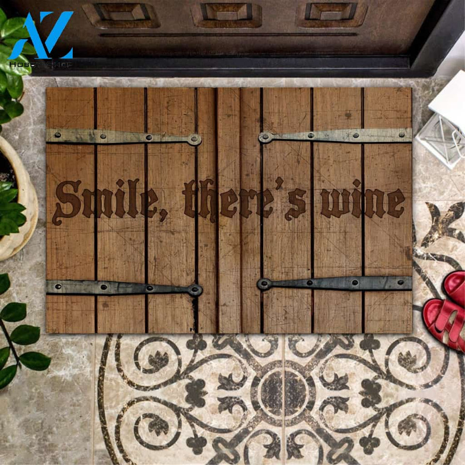 Smile There's Wine Doormat Welcome Mat Housewarming Gift Home Decor Funny Doormat Best Gift Idea