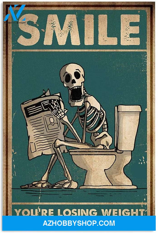 Smile Youre Losing Weight Funny Toilet Skeleton Skull Newspaper Canvas And Poster, Wall Decor Visual Art, Halloween Gift, Happy Halloween