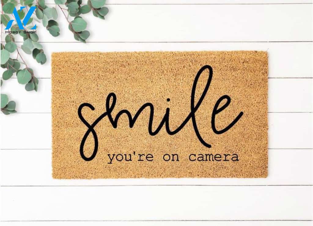 Smile You're On Camera Funny Doormat Indoor and Outdoor Doormat Warm House Gift Welcome Mat Gift for Friend Family
