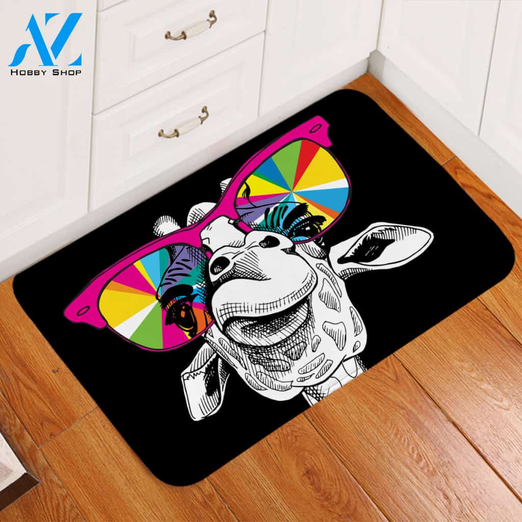 Snazzy Giraffe Black Door Mat
