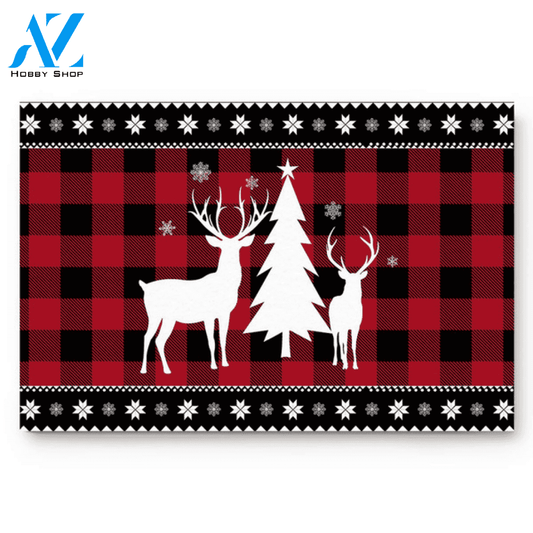 Snowflake Christmas Tree Red And Black Plaid Doormat Entrance Door Rug, Welcome Mat Housewarming Home Decor Funny Doormat Gift Idea
