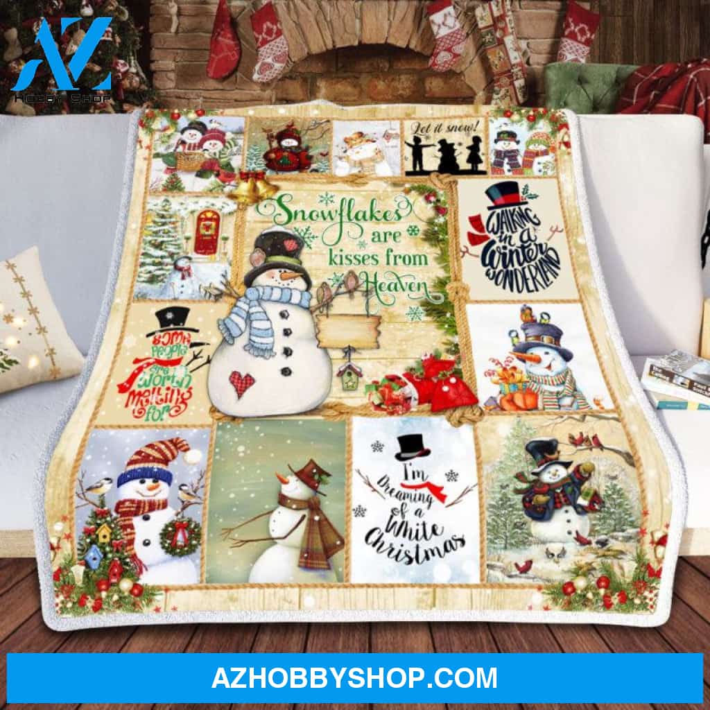 Snowflakes Are Kisses From Heaven Throw Fleece Blanket Christmas Fleece Blanket Christmas Throw Fleece Blanket Snowflakes Snowman Christmas