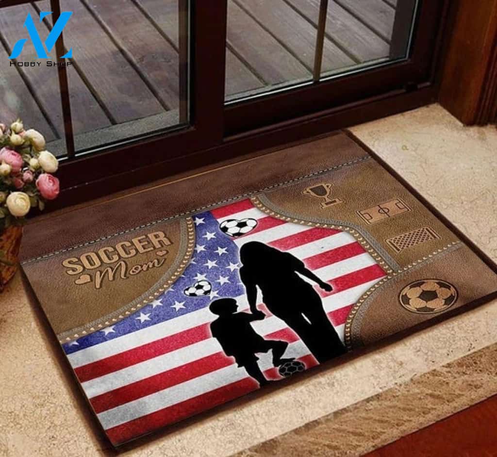 Soccer Sport Family Love Mother And Son Mom Mama America American Funny Doormat Gift for Friend Family Birthday Gift Home Decor Warm House Gift Welcome Mat
