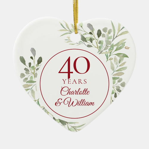 Soft Watercolor Leaves 40Th Anniversary Ceramic Ornament