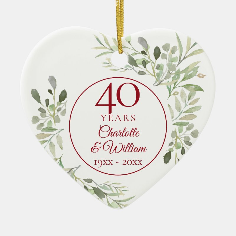 Soft Watercolour Leaves 40Th Anniversary Photo Ceramic Ornament