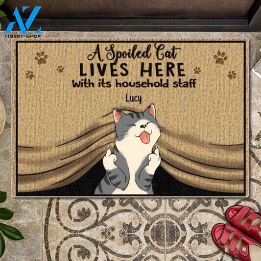 Spoiled Cats Live Here With Their Household Staff Personalized Doormat | Welcome Mat | House Warming Gift