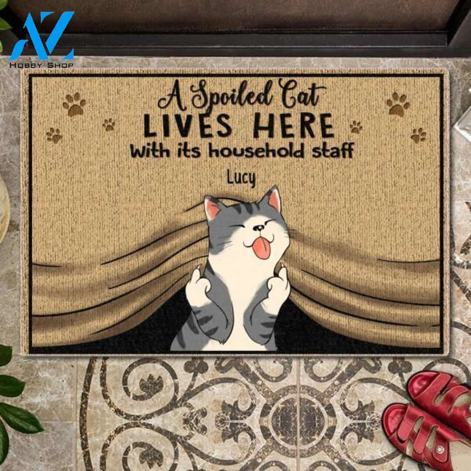 Spoiled Cats Live Here With Their Household Staff Personalized Doormat | Welcome Mat | House Warming Gift