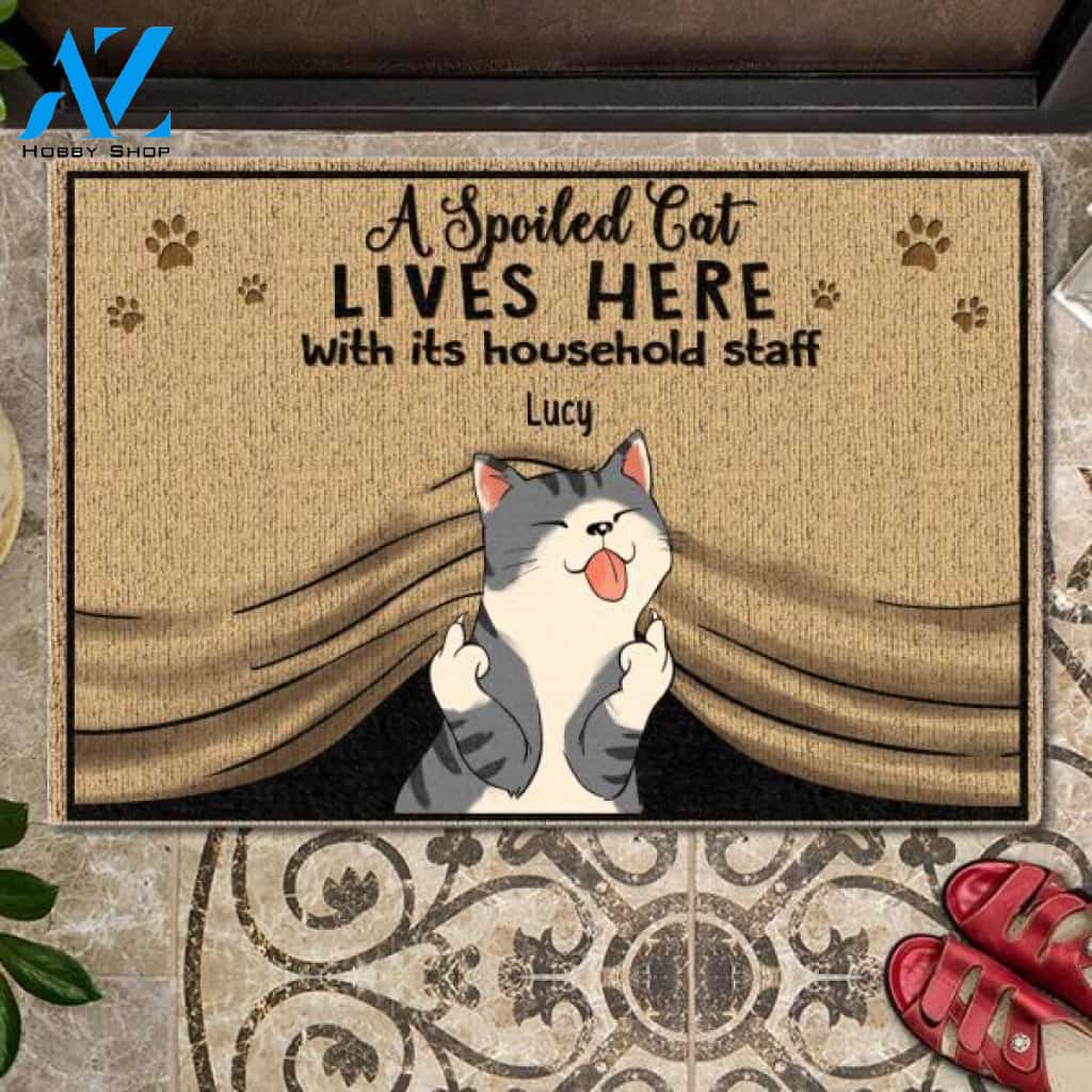 Spoiled Cats Live Here With Their Household Staff Personalized Doormat | Welcome Mat | House Warming Gift