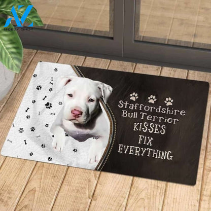 Staffordshire Bull Terrier 2 Doormat, Kisses Fix Everything Doormat, Dog Welcome Mat, Funny Welcome Mats for Dogs Lovers