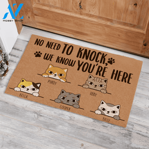 Staring Cat, No Need To Knock We Know You Are Here Personalized Cat Doormat TV