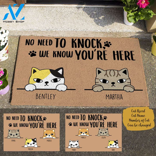 Staring Cat, No Need To Knock We Know You Are Here Personalized Cat Doormat TV