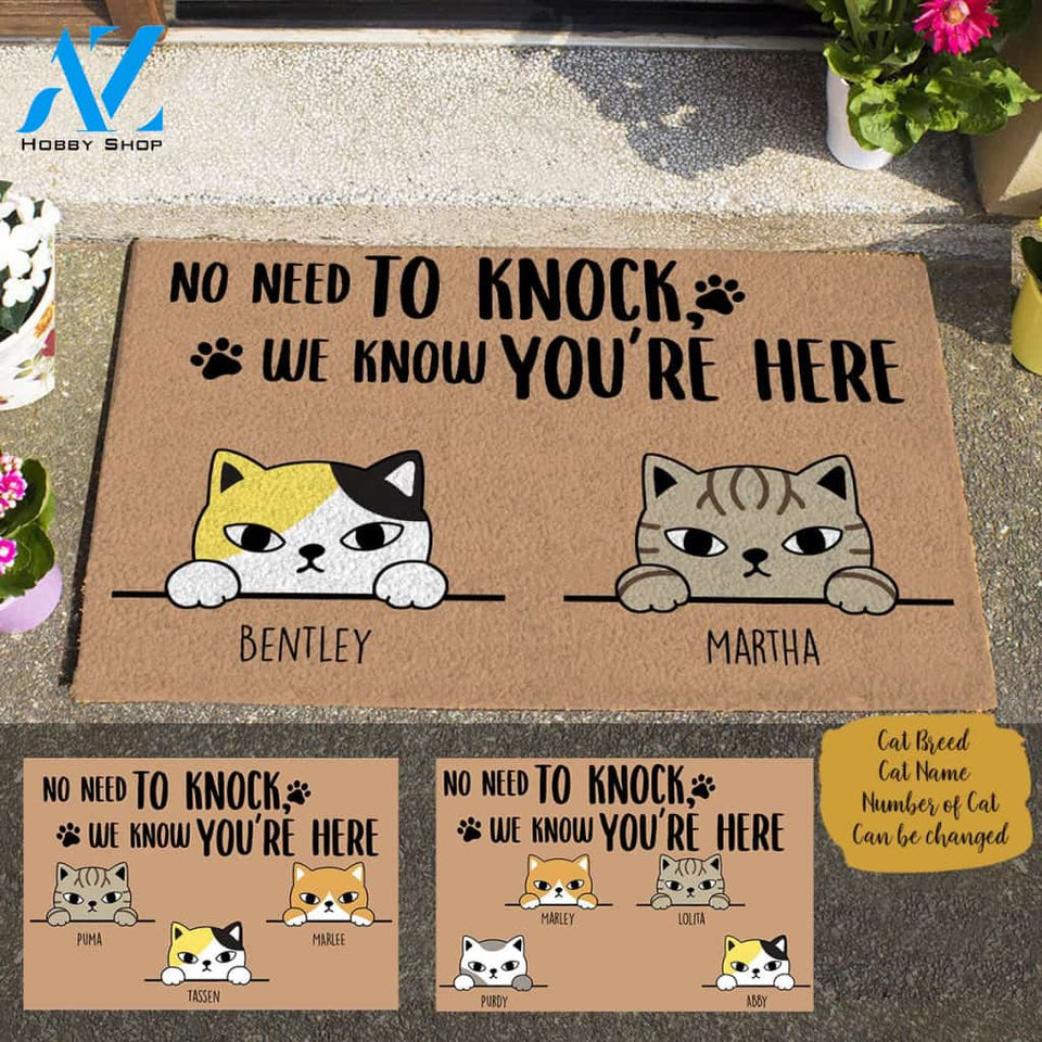 Staring Cat, No Need To Knock We Know You Are Here Personalized Cat Doormat TV