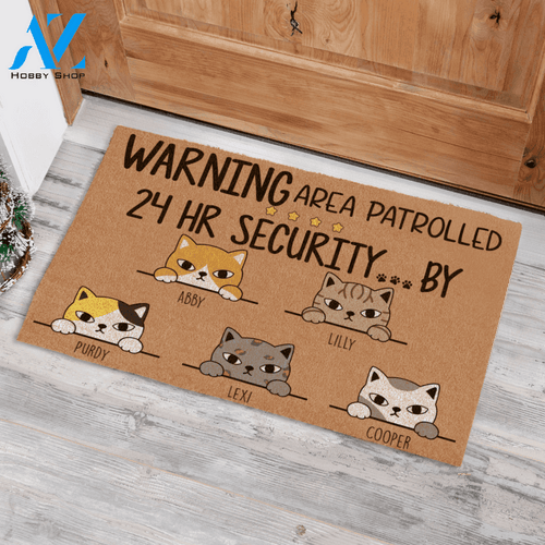 Staring Cat Warning Area Patrolled By 24 HR Security..., Personalized Cat Doormat HQ