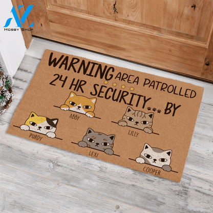 Staring Cat Warning Area Patrolled By 24 HR Security..., Personalized Cat Doormat TV