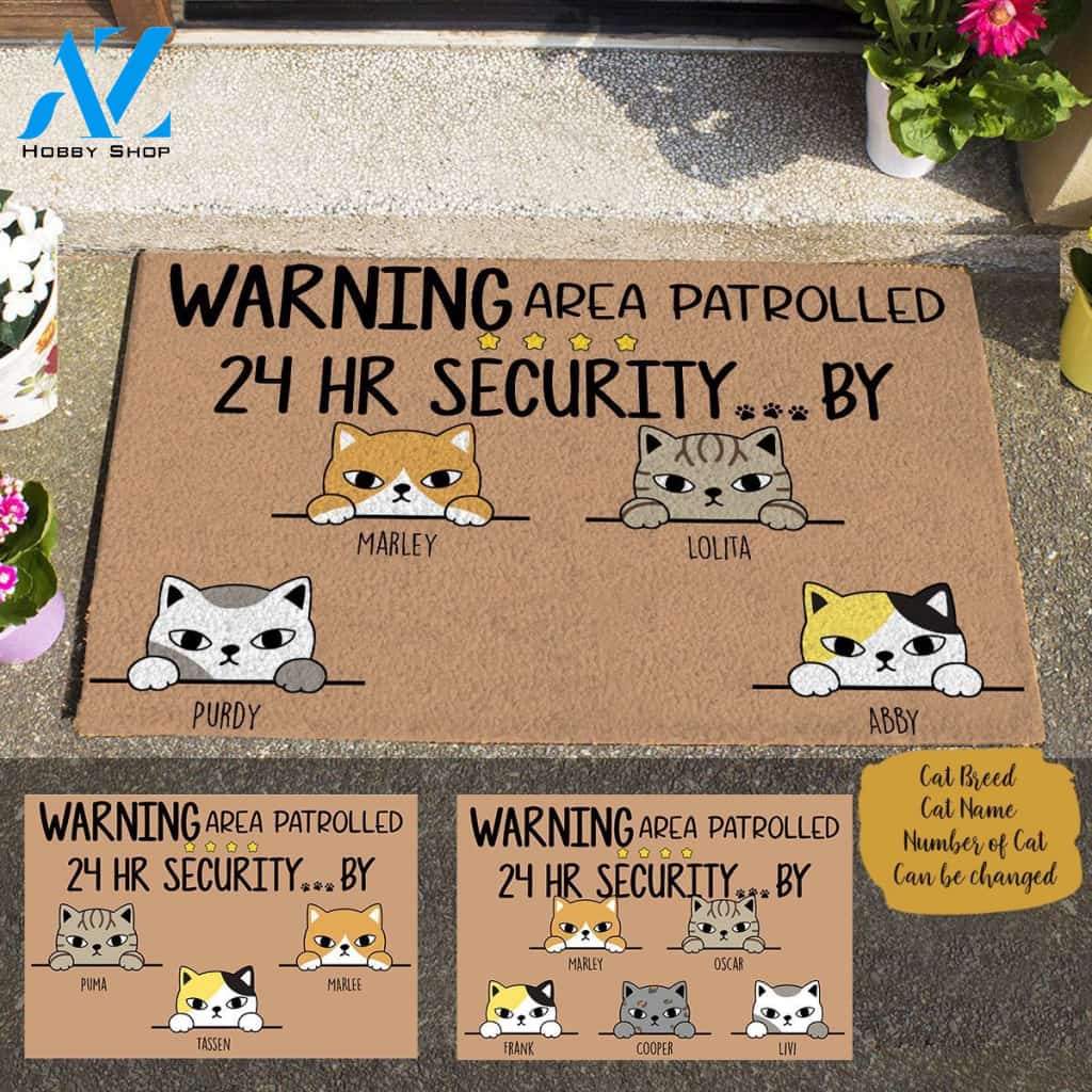 Staring Cat Warning Area Patrolled By 24 HR Security Printed Doormat Home Decor