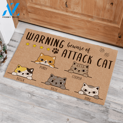 Staring Cat Warning Berware Of Attack Cat Personalized Doormat TV