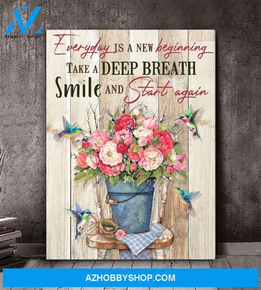 Start Again HummingBird Flowers Premium Canvas Wall Art