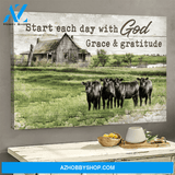 Angus Cows Start Each Day With God Grace And Gratitude Jesus Canvas And Poster Wall Art Prints, Farmhouse Decor