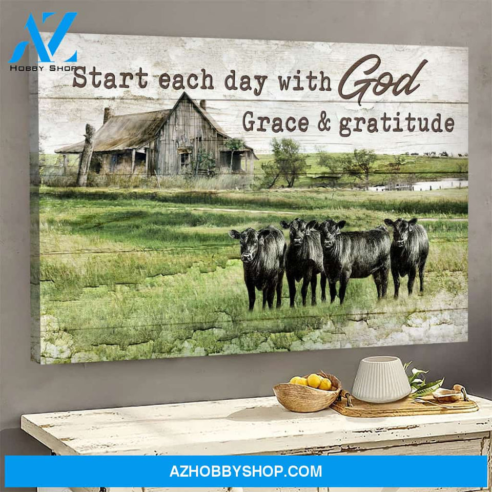 Angus Cows – Start Each Day With God Grace and Gratitude – Jesus Canvas And Poster Wall Art Prints, Farmhouse Decor