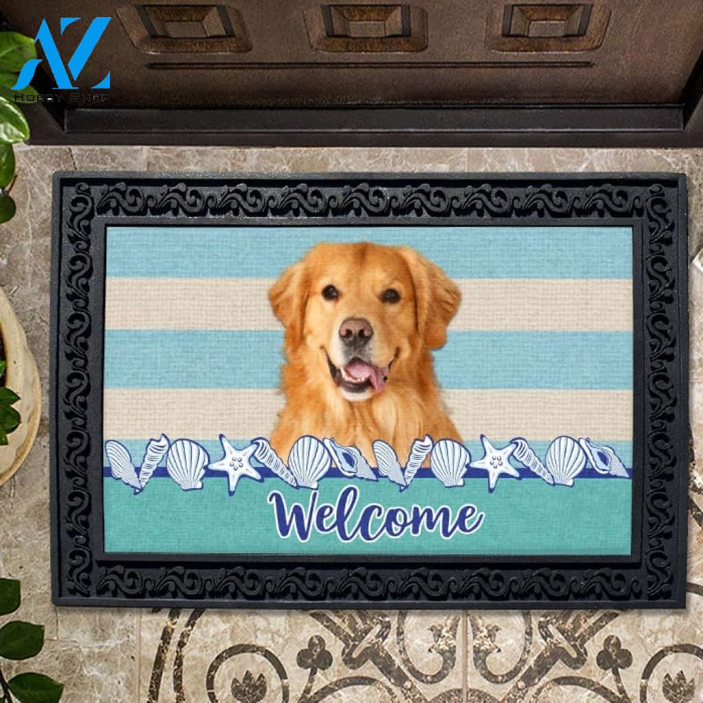 Stripes and Seashells Golden Retriever Doormat - 18" x 30"