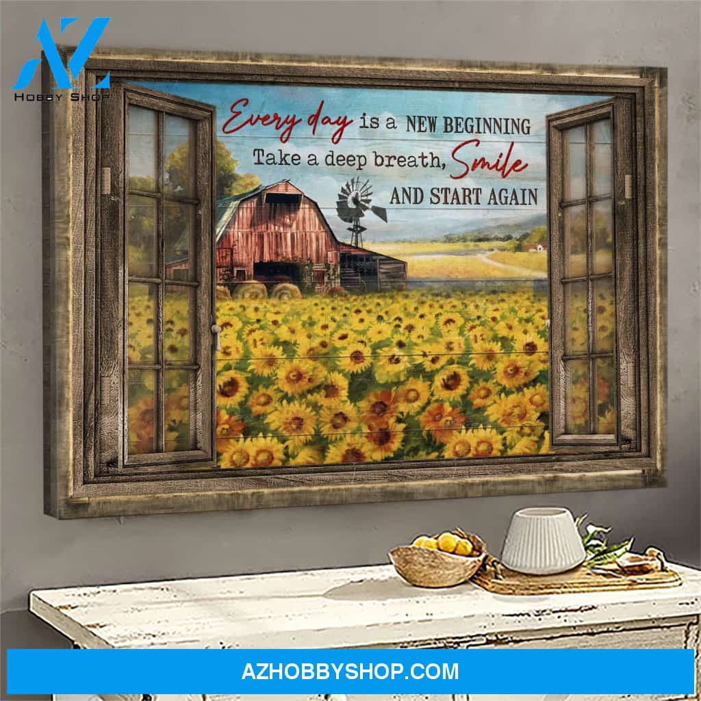 Stunning sunflower field - Every day is a new beginning Jesus Landscape Canvas Prints, Wall Art