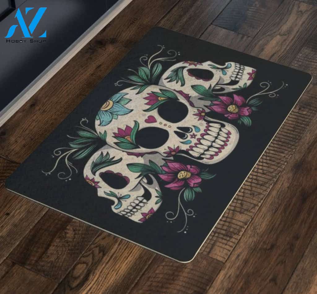 Sugar Skull Floral Skeleton Halloween Doormat Indoor and Outdoor Mat Entrance Rug Funny Home Decor Closing Gift Gift for Friend Family Gift Idea
