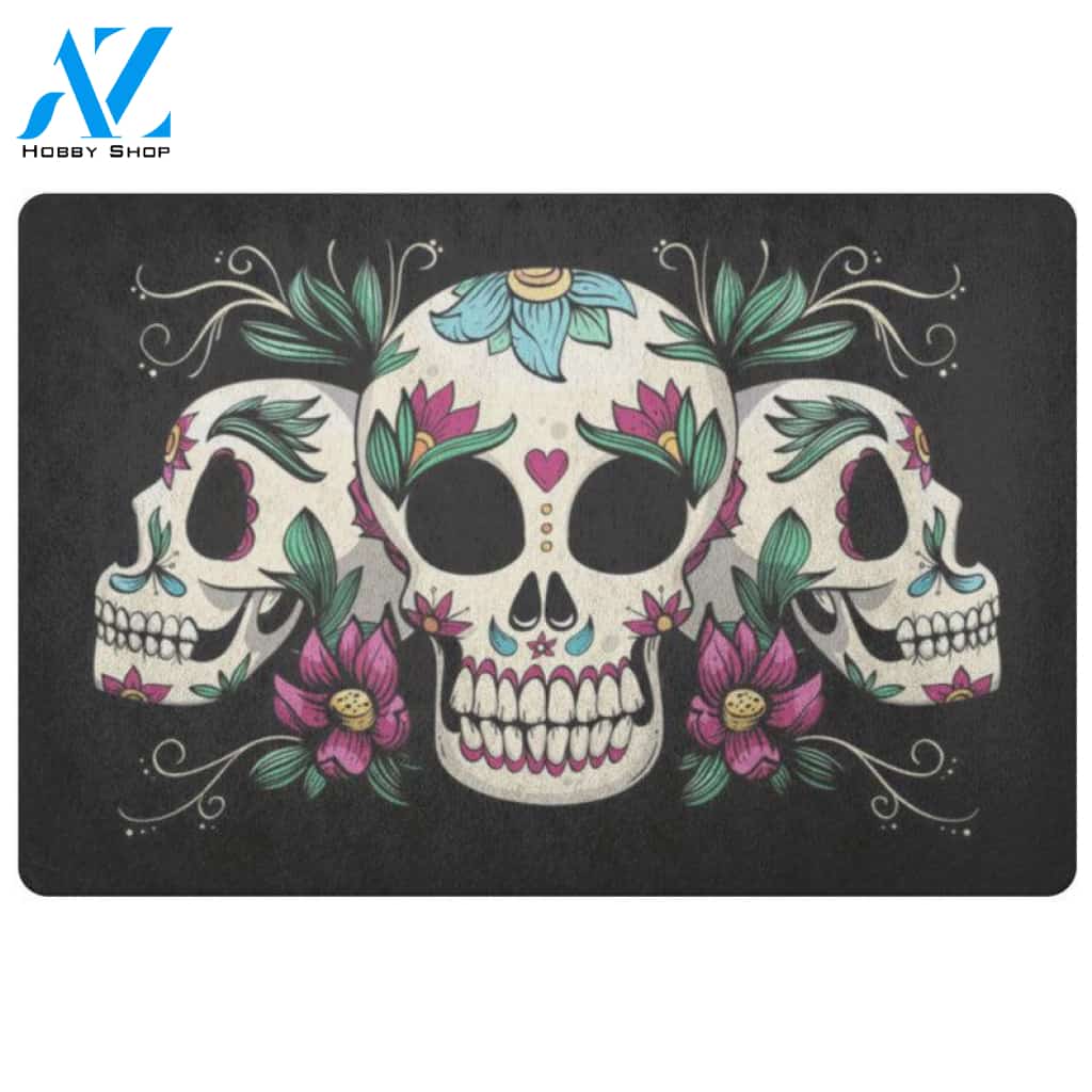 Sugar Skull Floral Skeleton Halloween Doormat Indoor and Outdoor Mat Entrance Rug Funny Home Decor Closing Gift Gift for Friend Idea