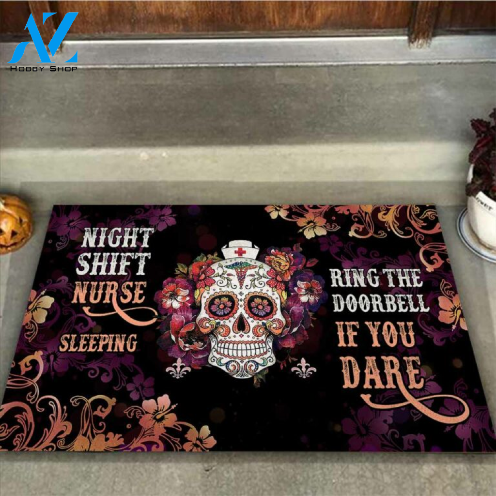 Sugar Skull Night Shift Nurse Sleeping Nurse Doormat | Welcome Mat | House Warming Gift