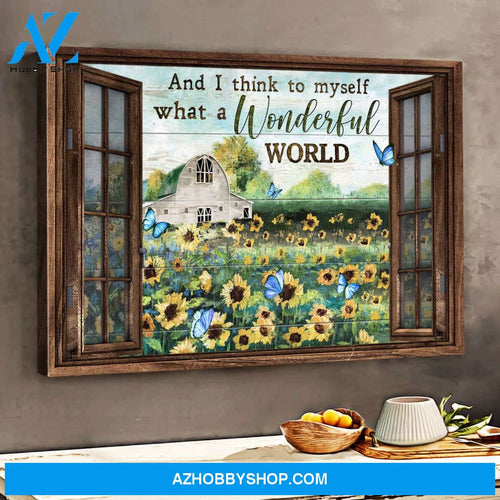 Sunflower and Blue butterflies outside the window - And I think to myself what a wonderful world it is Landscape Canvas Prints, Wall Art