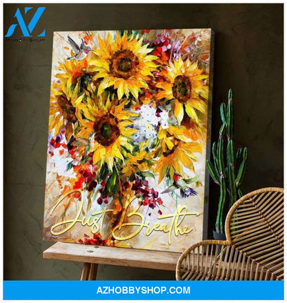 Top #1 Sunflower And Hummingbird Just Breathe Canvas Wall Art, Wall Decor Visual Art
