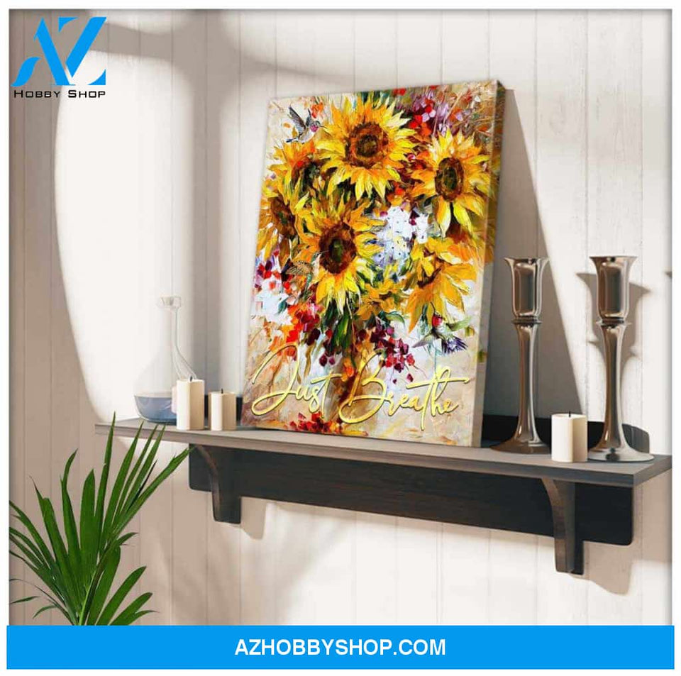 Top #1 Sunflower And Hummingbird Just Breathe Canvas Wall Art, Wall Decor Visual Art