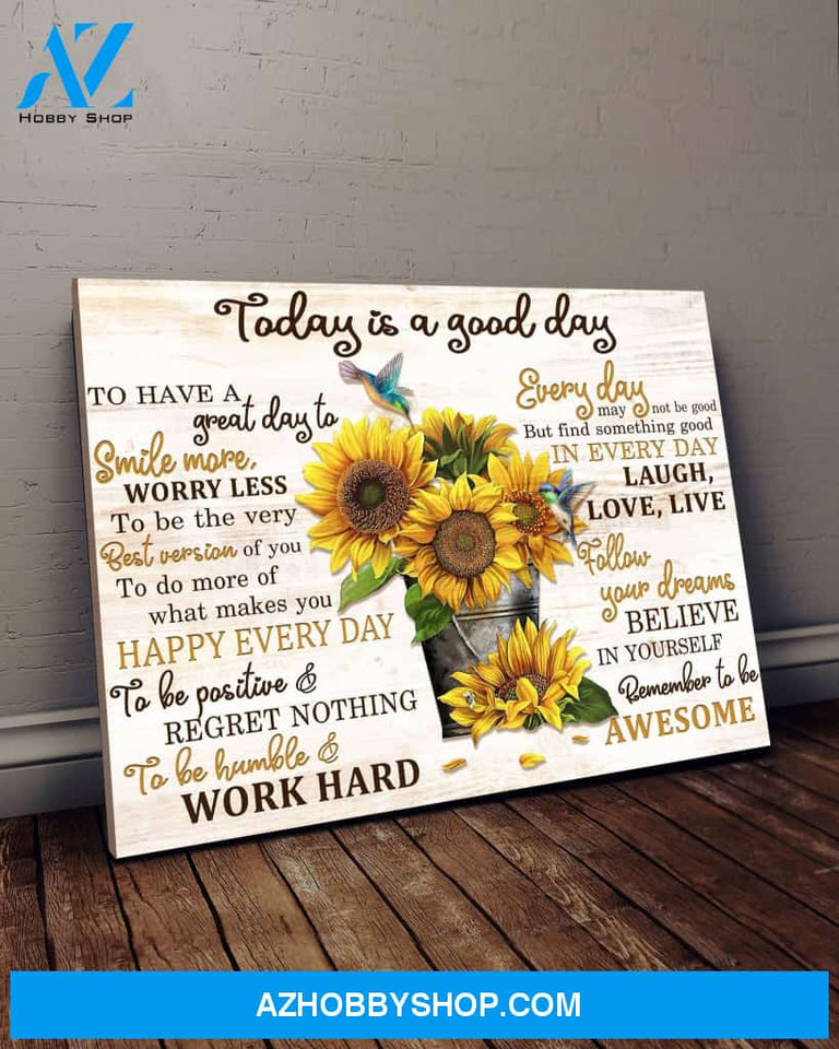 Sunflower Hummingbird Today is a good day Premium Canvas Wall Art