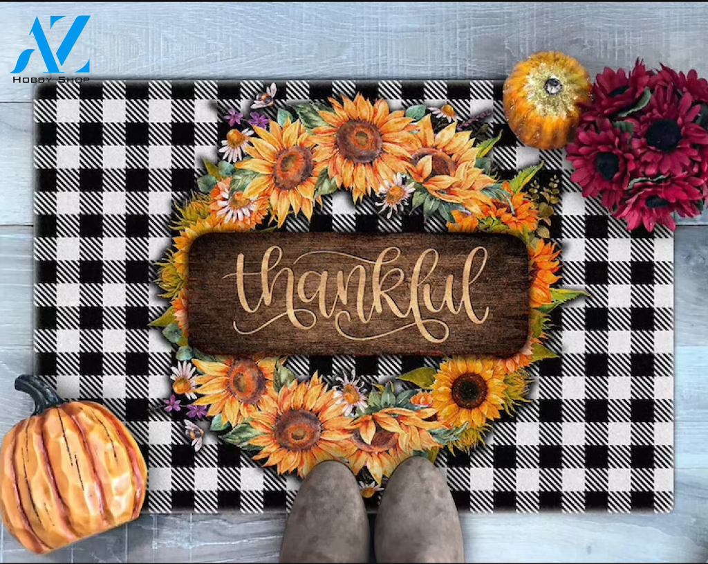 Sunflower Wearth Thankful Doormat, Welcome Mat, Buffalo Plaid Thanksgiving Doormat, Gift For Friend Family