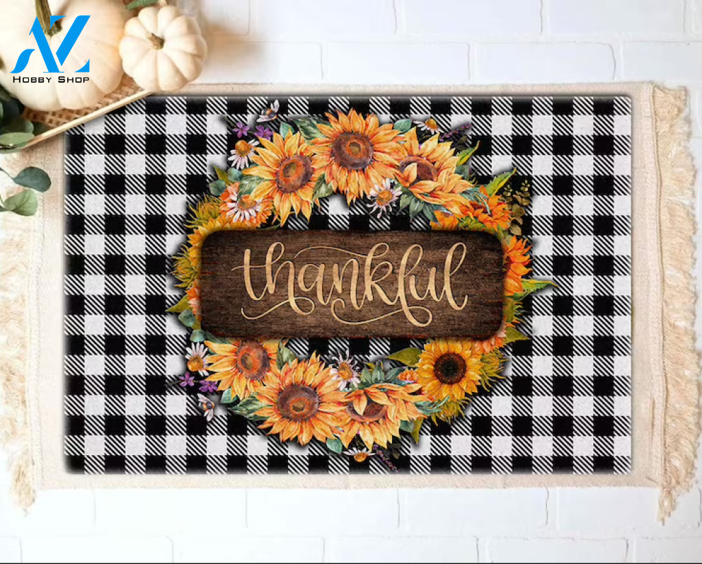Sunflower Wearth Thankful Doormat, Welcome Mat, Buffalo Plaid Thanksgiving Doormat, Gift For Friend Family