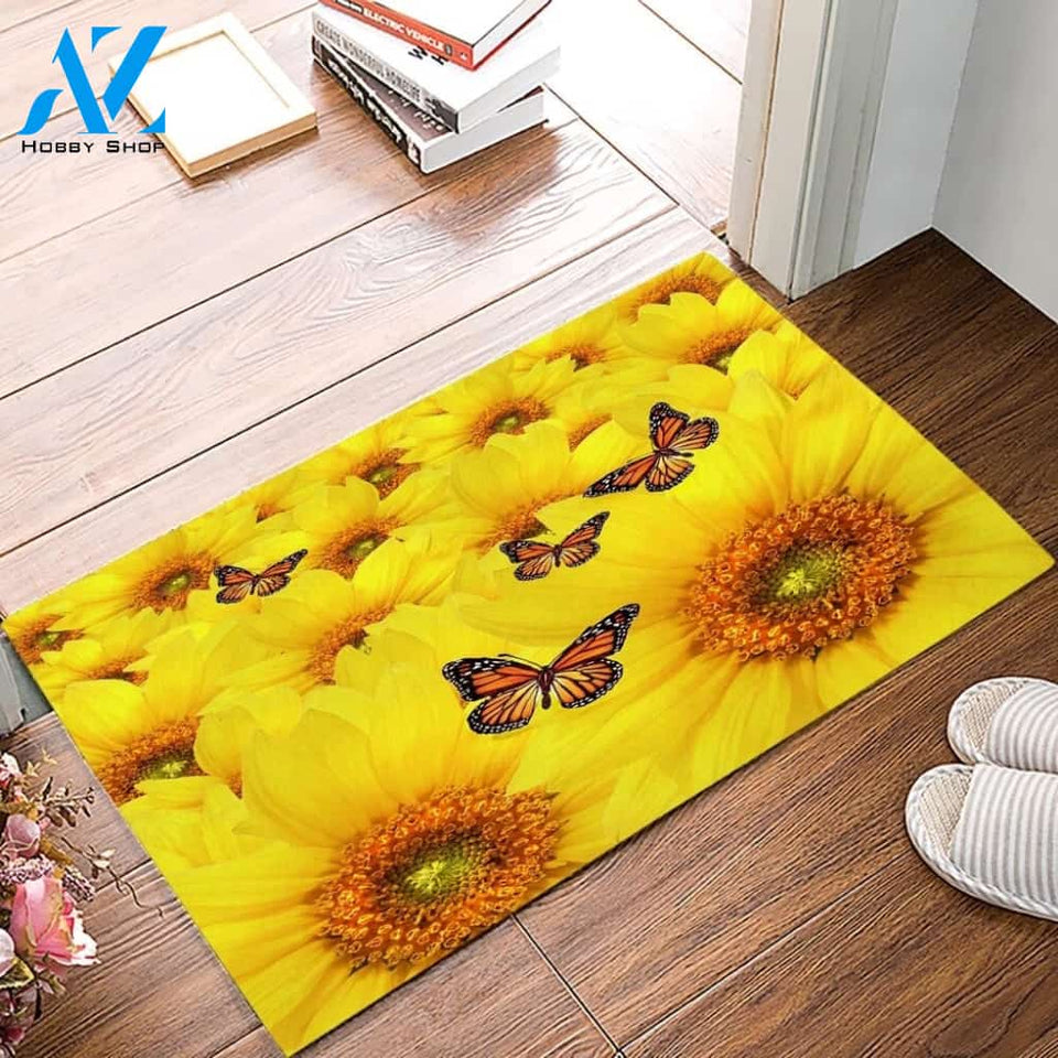 Sunflower Yellow Butterfly Doormat Indoor And Outdoor Mat Entrance Rug Sweet Home Decor Housewarming Gift Gift For Friend Family Butterflies Lovers