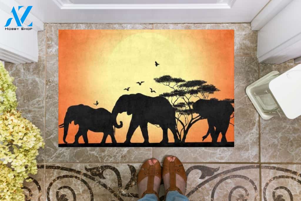 Sunset View And Elephants Doormat Welcome Mat Housewarming Gift Home Decor Funny Doormat Gift Idea For Elephant Lovers