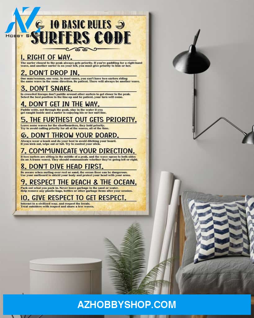 Surfing 10 Basic Rules Sufers Code Vertical Canvas Wall Art, Wall Decor Visual Art