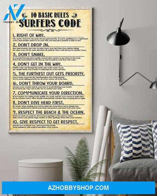 Surfing 10 Basic Rules Sufers Code Vertical Canvas Wall Art, Wall Decor Visual Art