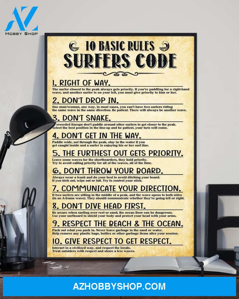 Surfing 10 Basic Rules Sufers Code Vertical Canvas Wall Art, Wall Decor Visual Art