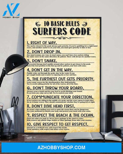 Surfing 10 Basic Rules Sufers Code Vertical Canvas Wall Art, Wall Decor Visual Art