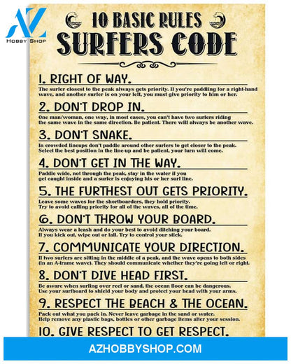 Surfing 10 Basic Rules Sufers Code Vertical Canvas Wall Art, Wall Decor Visual Art