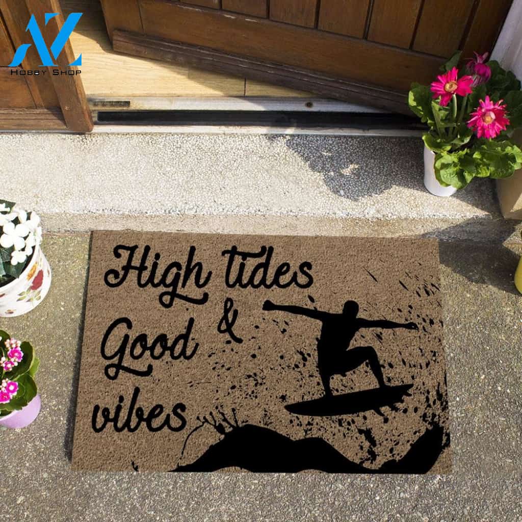 Surfing High Tides And Good Vibes Doormat