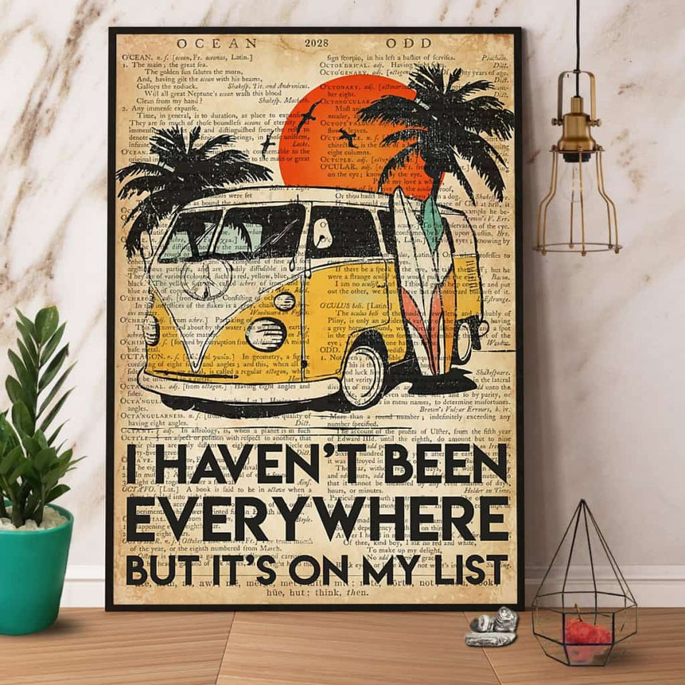 Surfing Hippie Bus I Haven'T Been Everywhere But It'S On My List Paper Poster No Frame Matte Canvas Wall Decor
